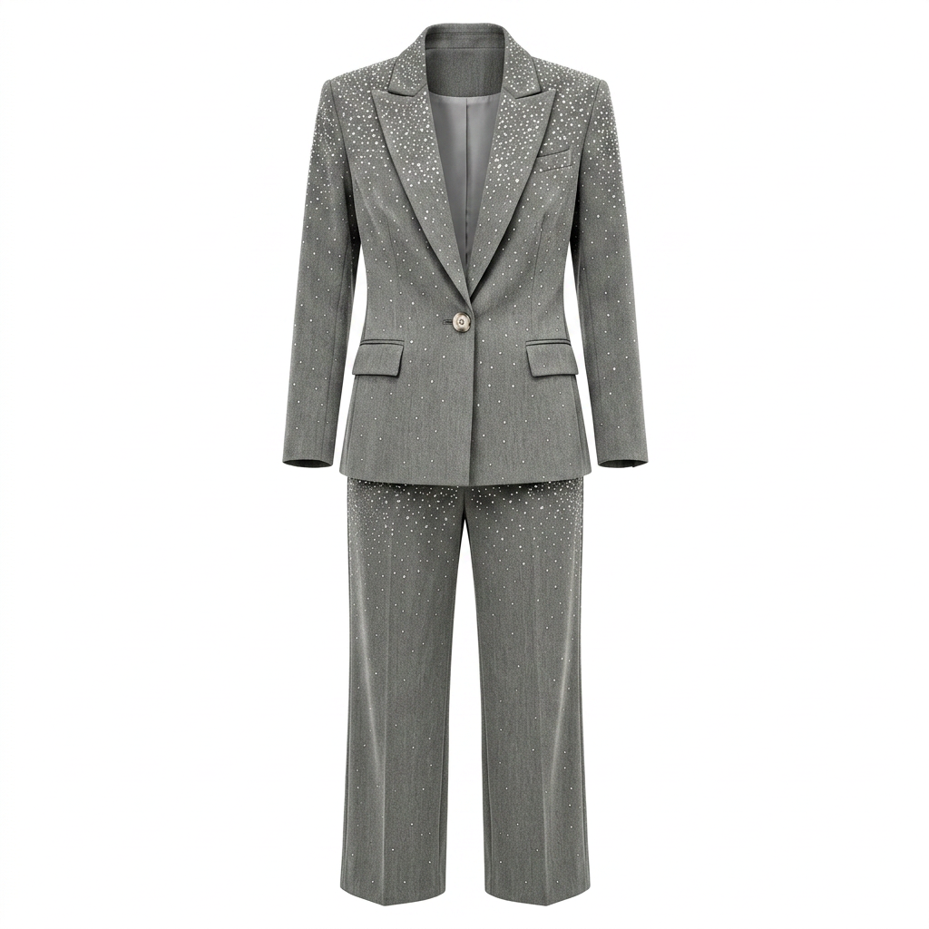 Rhinestone Gray Blazer and Wide Leg Pants Set for Meetings Ready and Executive Elegance Women-Vyana Collective