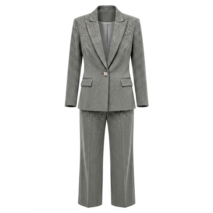 Rhinestone Gray Blazer and Wide Leg Pants Set for Meetings Ready and Executive Elegance Women-Vyana Collective