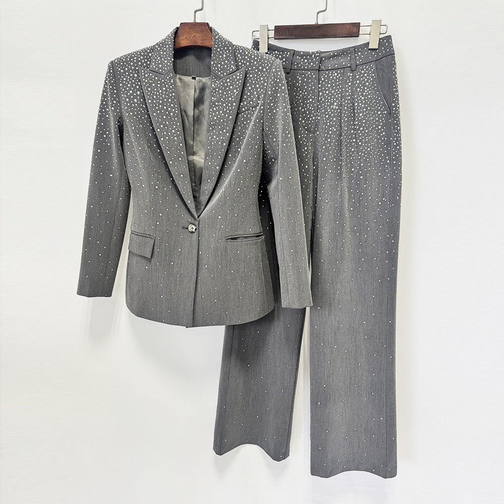 Rhinestone Gray Blazer and Wide Leg Pants Set for Meetings Ready and Executive Elegance Women-Vyana Collective