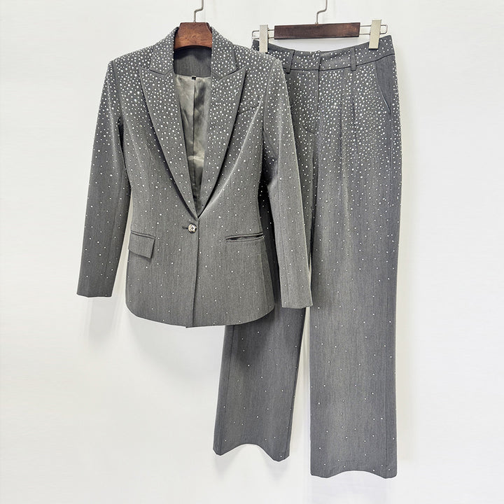 Rhinestone Gray Blazer and Wide Leg Pants Set for Meetings Ready and Executive Elegance Women-Vyana Collective