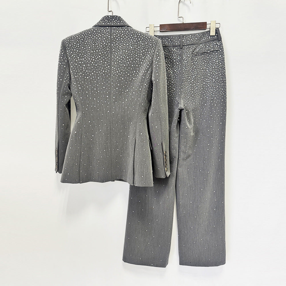 Rhinestone Gray Blazer and Wide Leg Pants Set for Meetings Ready and Executive Elegance Women-Vyana Collective