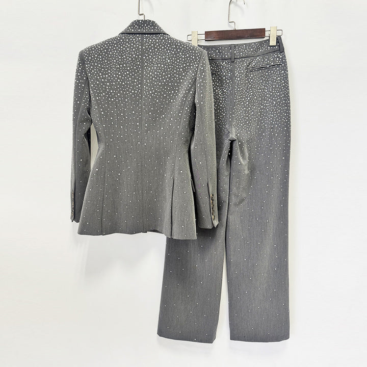 Rhinestone Gray Blazer and Wide Leg Pants Set for Meetings Ready and Executive Elegance Women-Vyana Collective