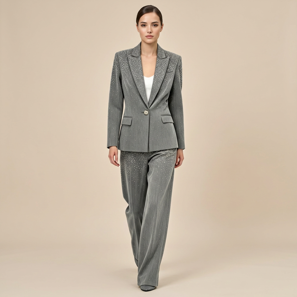 Rhinestone Gray Blazer and Wide Leg Pants Set for Meetings Ready and Executive Elegance Women-Vyana Collective