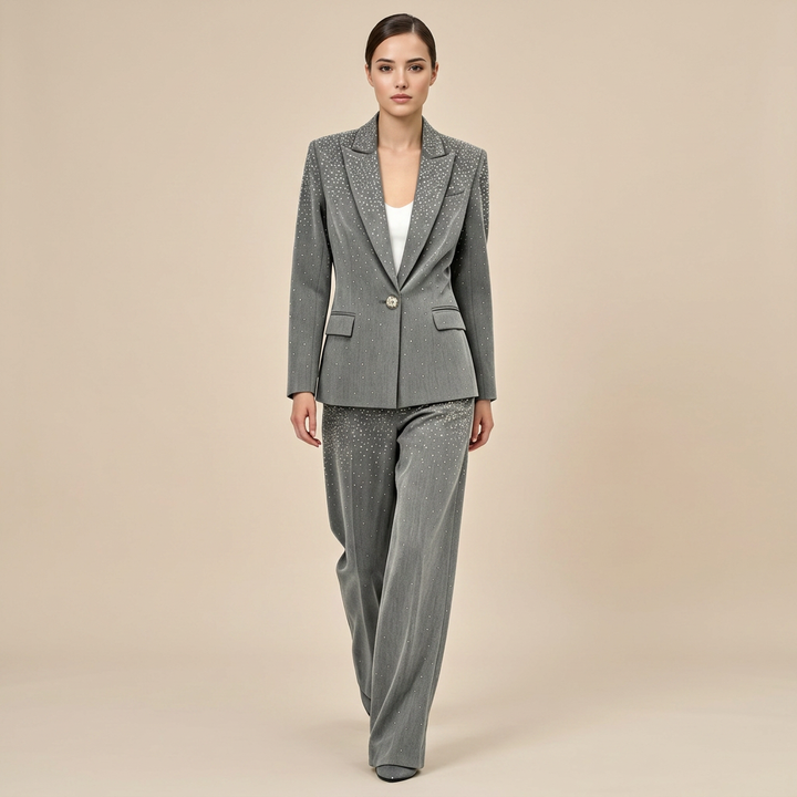 Rhinestone Gray Blazer and Wide Leg Pants Set for Meetings Ready and Executive Elegance Women-Vyana Collective