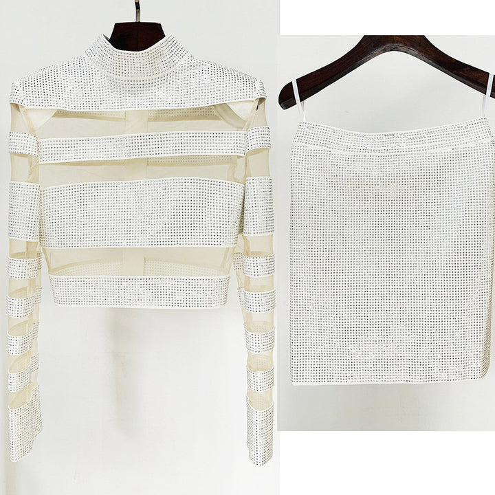 Rhinestone Mesh Long Sleeve Crop Top and Mini Skirt Set for Friday Night Vibes Women-Vyana Collective