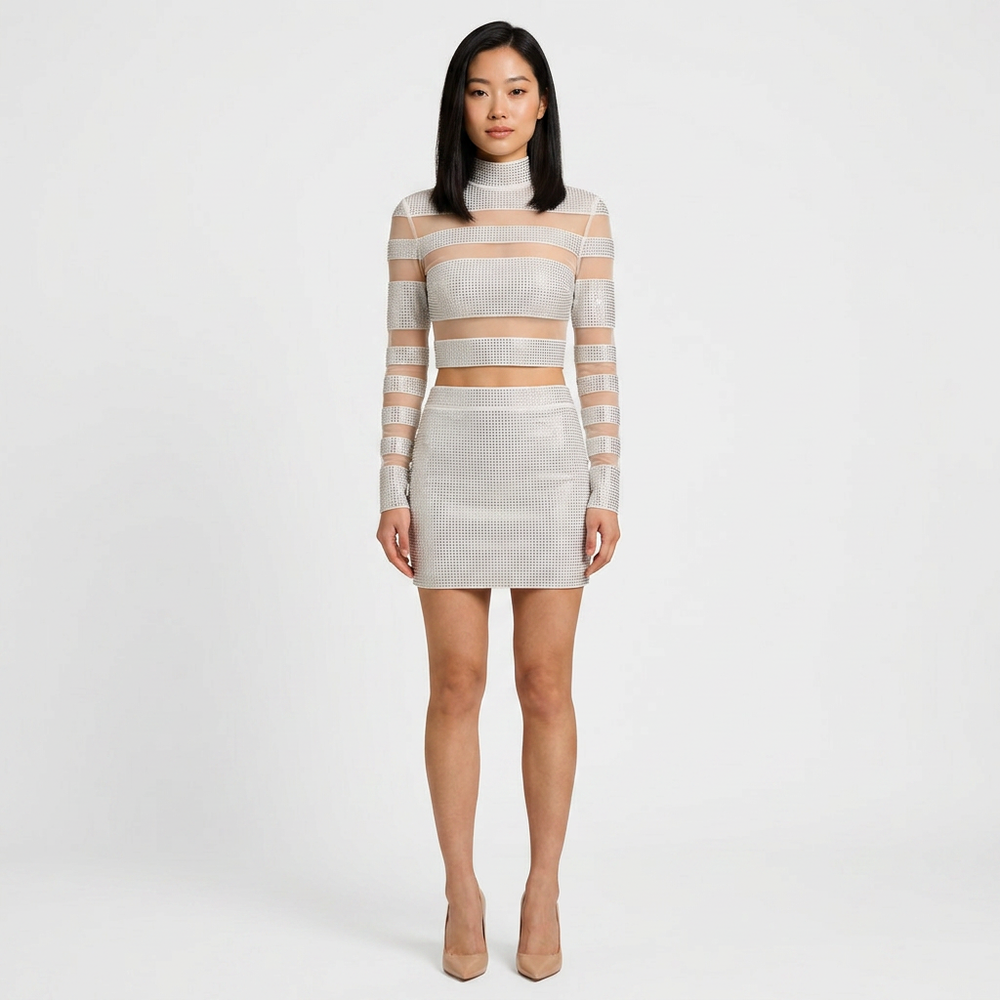 Rhinestone Mesh Long Sleeve Crop Top and Mini Skirt Set for Friday Night Vibes Women-Vyana Collective