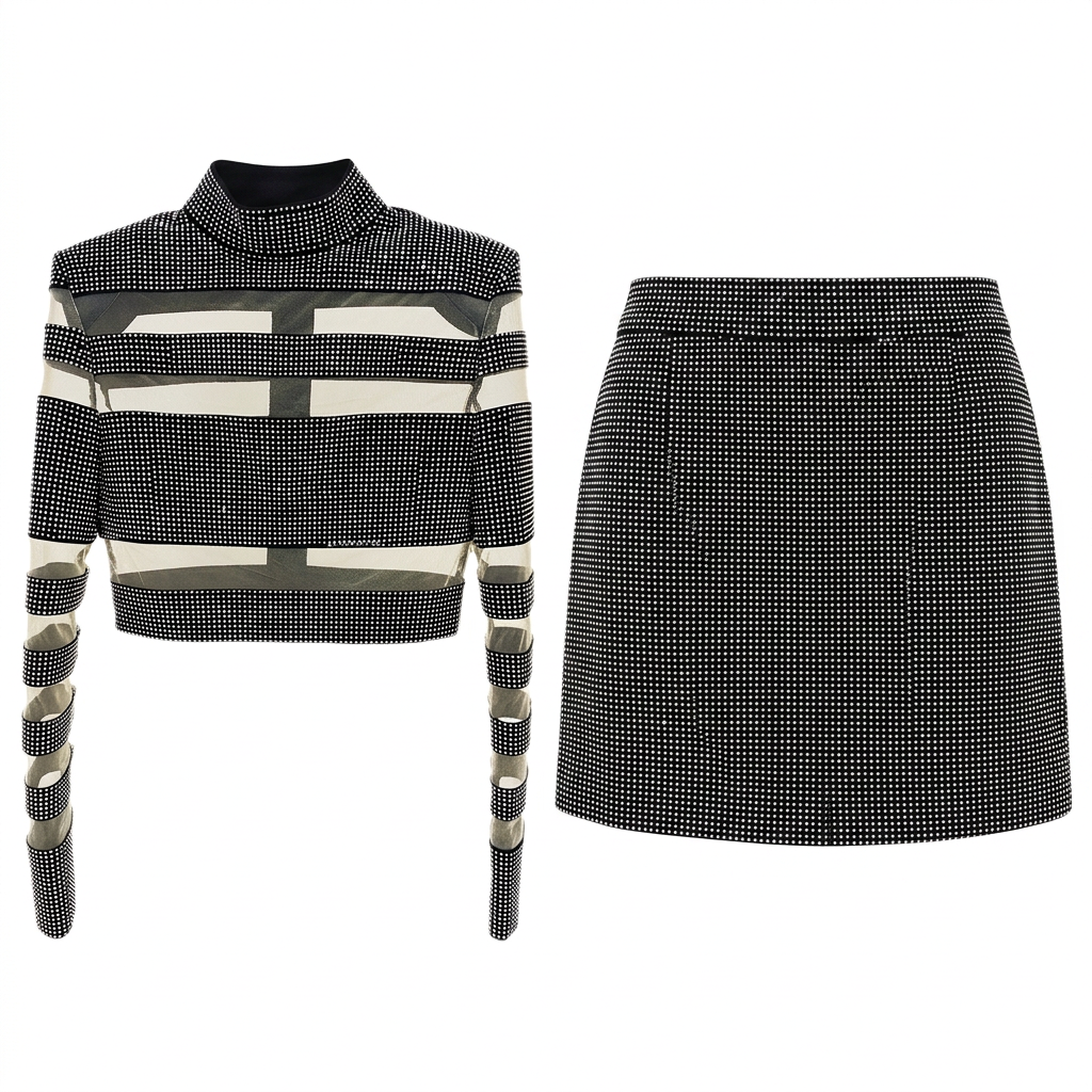 Rhinestone Mesh Long Sleeve Crop Top and Mini Skirt Set for Friday Night Vibes Women-Vyana Collective