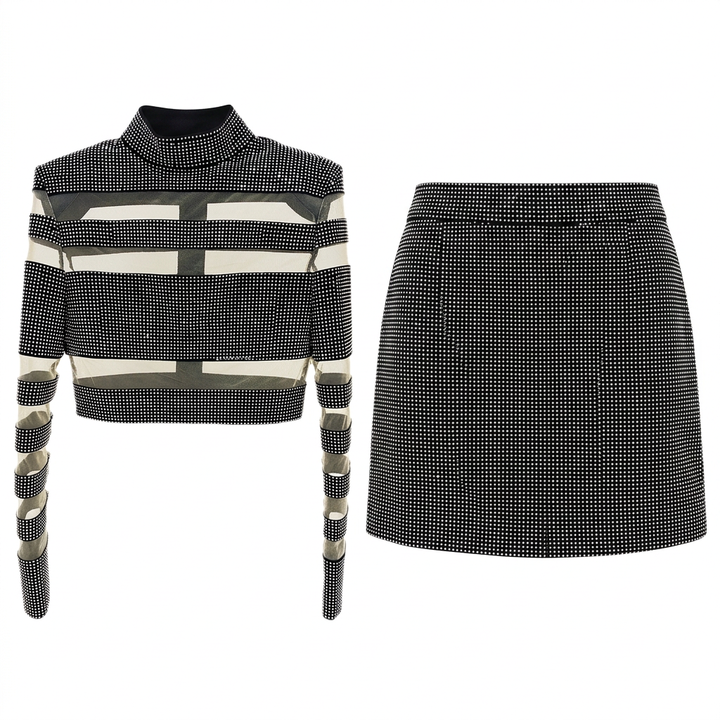 Rhinestone Mesh Long Sleeve Crop Top and Mini Skirt Set for Friday Night Vibes Women-Vyana Collective