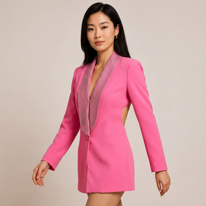 Rhinestone Shawl Collar Blazer Mini Dress for Elegant Evening Style Women-Vyana Collective