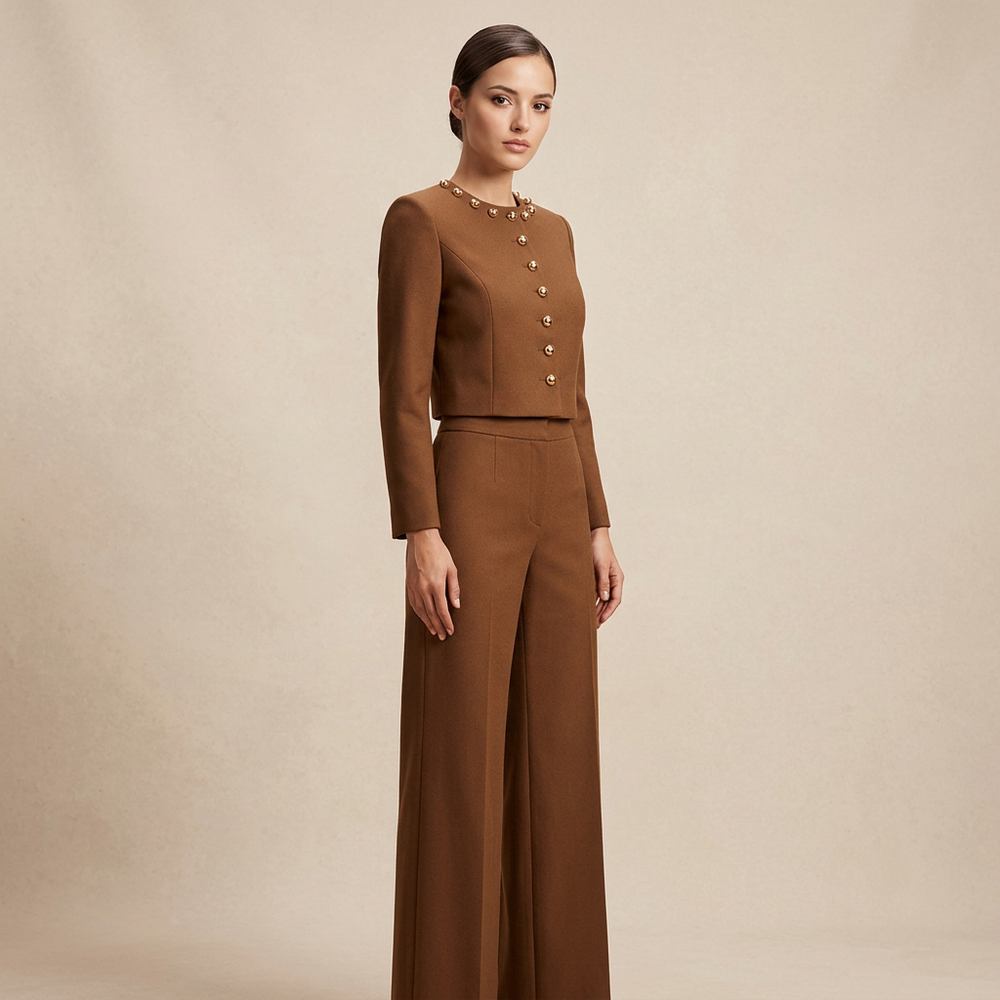 Round Neck Button Jacket and Wide Leg Pants Set for Meetings Ready and Modern Elegance Women-Vyana Collective