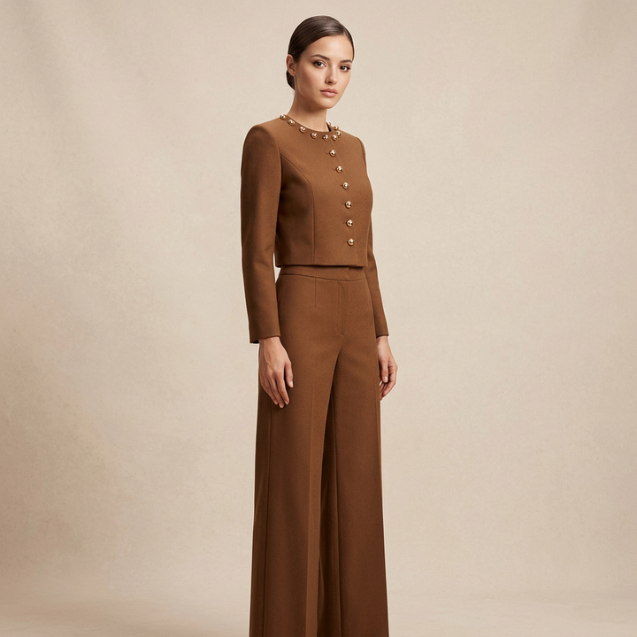 Round Neck Button Jacket and Wide Leg Pants Set for Meetings Ready and Modern Elegance Women-Vyana Collective