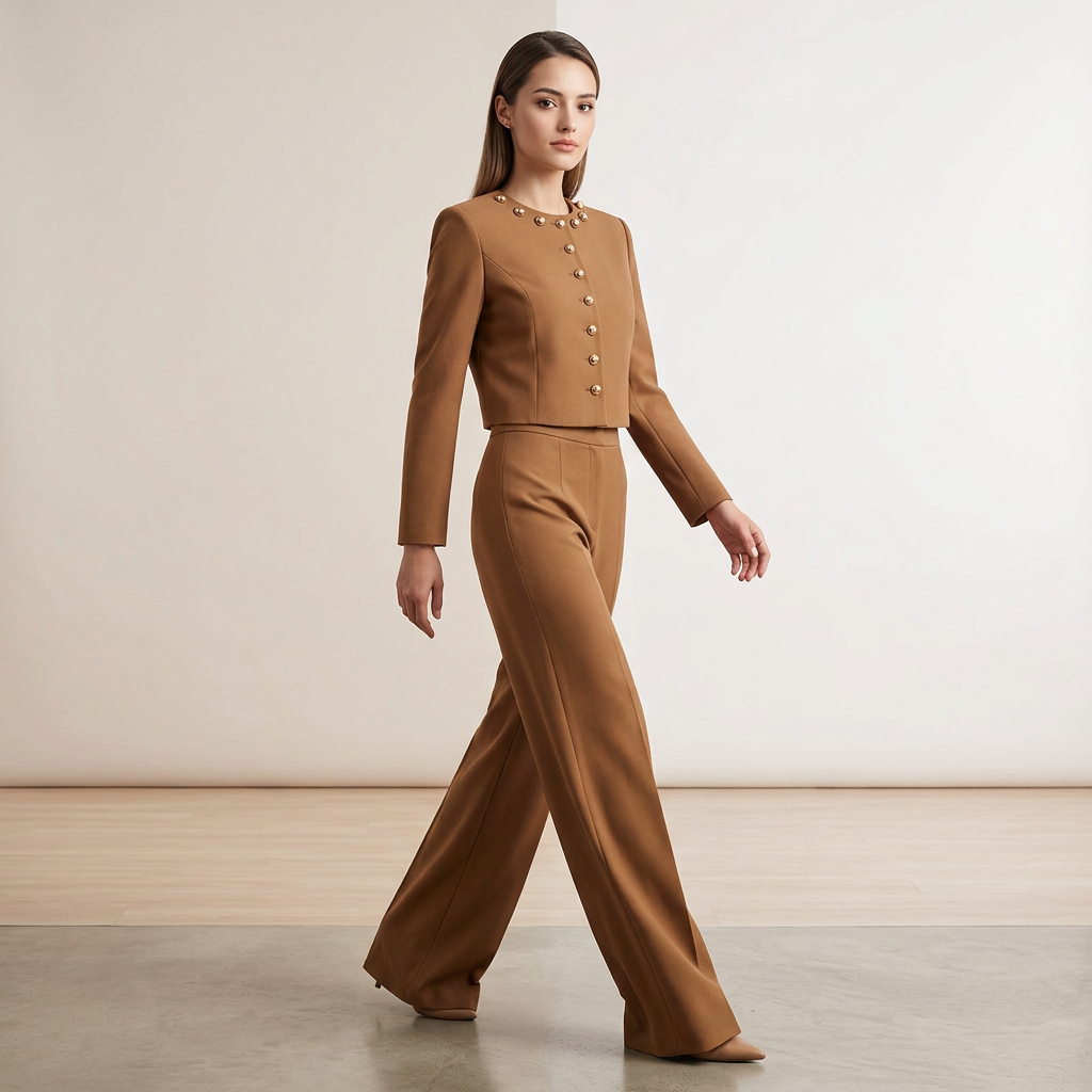 Round Neck Button Jacket and Wide Leg Pants Set for Meetings Ready and Modern Elegance Women-Vyana Collective