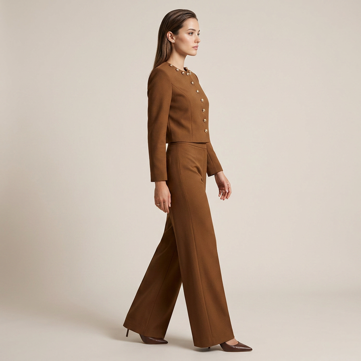 Round Neck Button Jacket and Wide Leg Pants Set for Meetings Ready and Modern Elegance Women-Vyana Collective