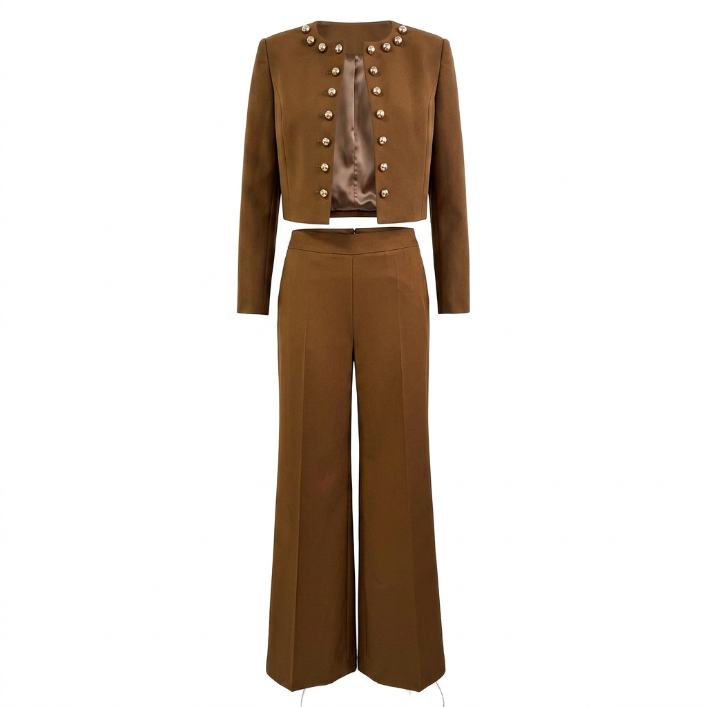 Round Neck Button Jacket and Wide Leg Pants Set for Meetings Ready and Modern Elegance Women-Vyana Collective