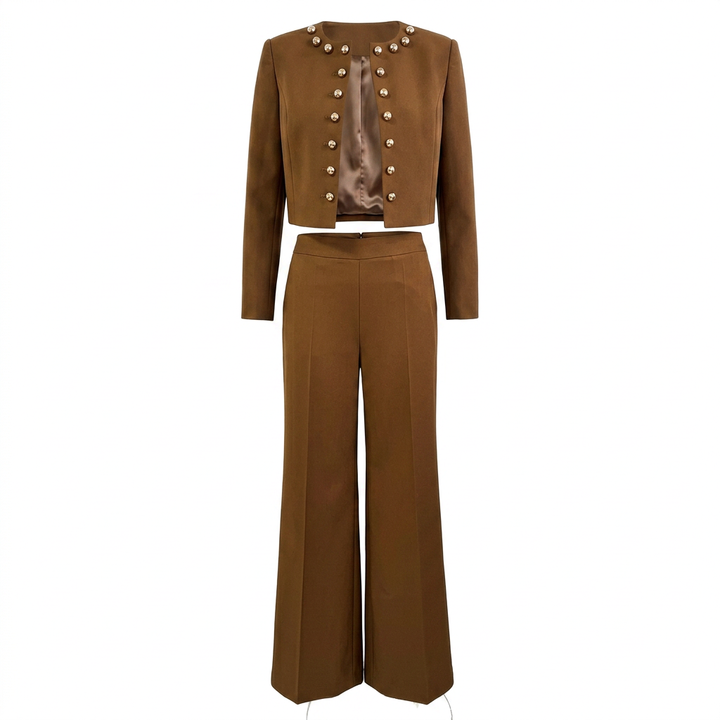 Round Neck Button Jacket and Wide Leg Pants Set for Meetings Ready and Modern Elegance Women-Vyana Collective