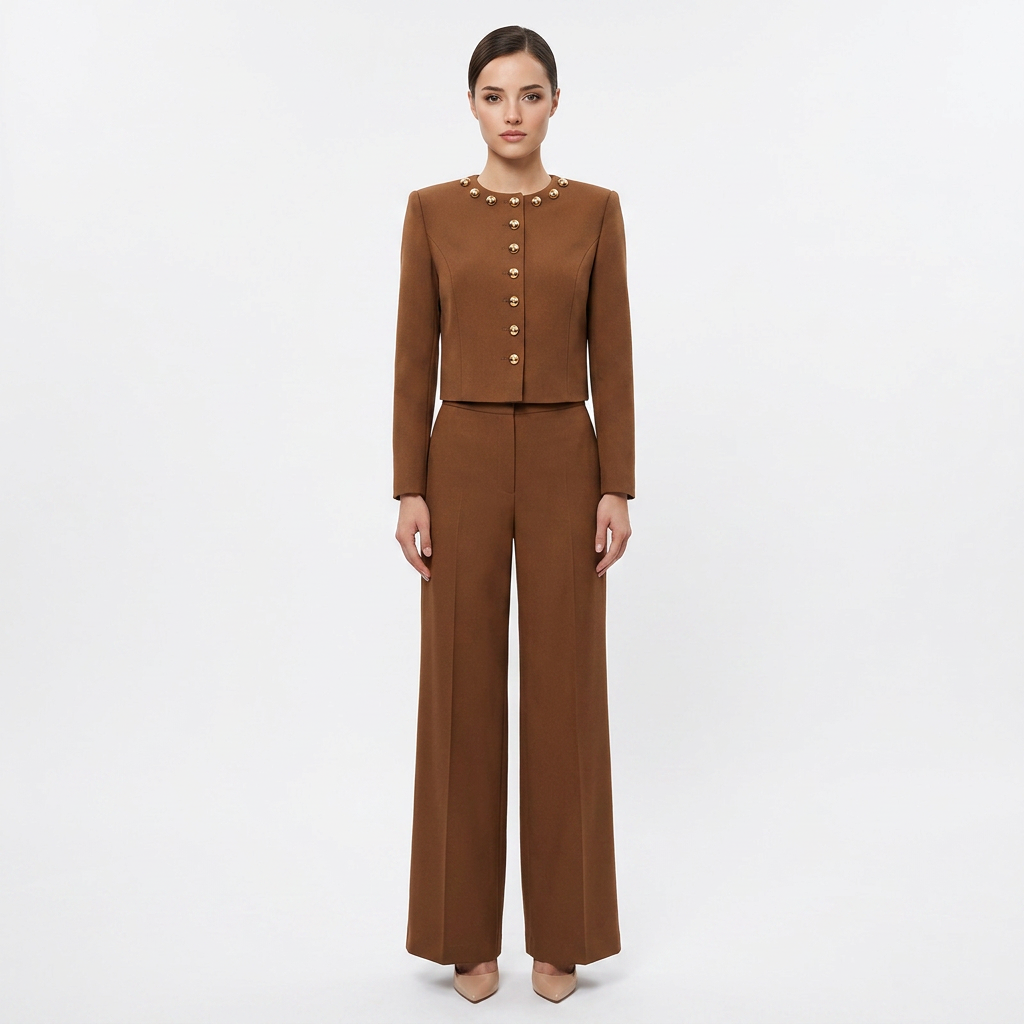 Round Neck Button Jacket and Wide Leg Pants Set for Meetings Ready and Modern Elegance Women-Vyana Collective