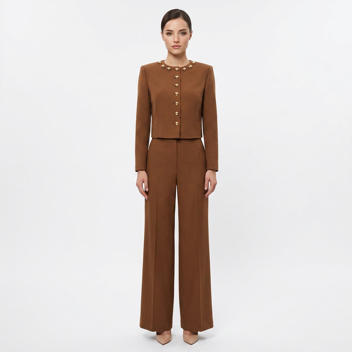 Round Neck Button Jacket and Wide Leg Pants Set for Meetings Ready and Modern Elegance Women-Vyana Collective
