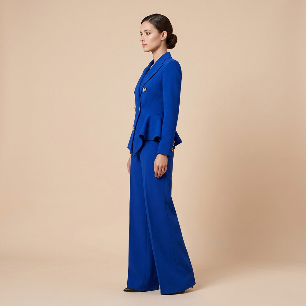 Royal Blue Double Breasted Blazer and Wide Leg Pants Suit Set for Meetings Ready and Executive Elegance Women-Vyana Collective