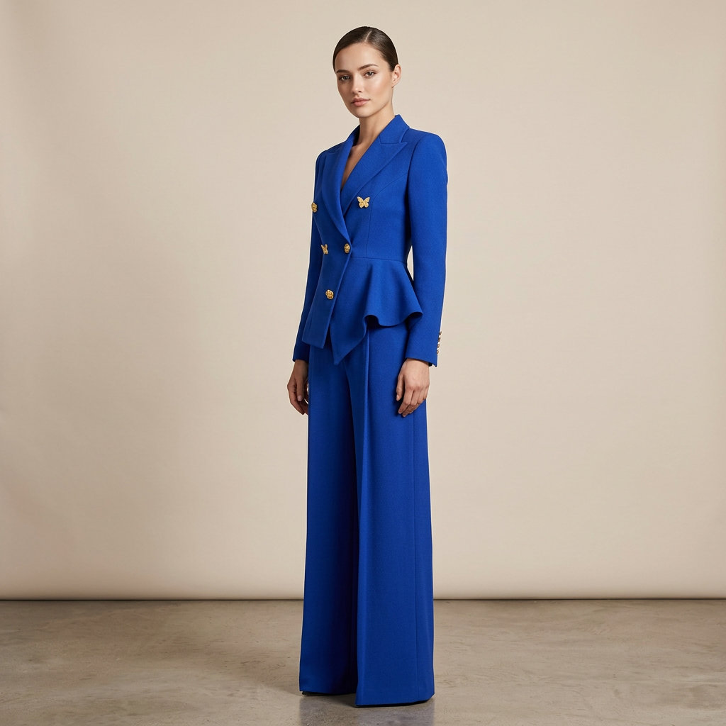 Royal Blue Double Breasted Blazer and Wide Leg Pants Suit Set for Meetings Ready and Executive Elegance Women-Vyana Collective