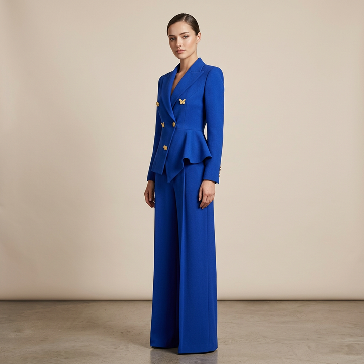 Royal Blue Double Breasted Blazer and Wide Leg Pants Suit Set for Meetings Ready and Executive Elegance Women-Vyana Collective