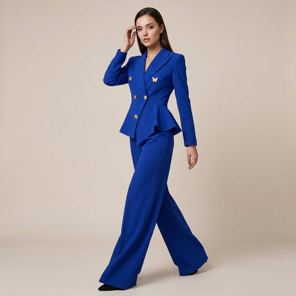 Royal Blue Double Breasted Blazer and Wide Leg Pants Suit Set for Meetings Ready and Executive Elegance Women-Vyana Collective