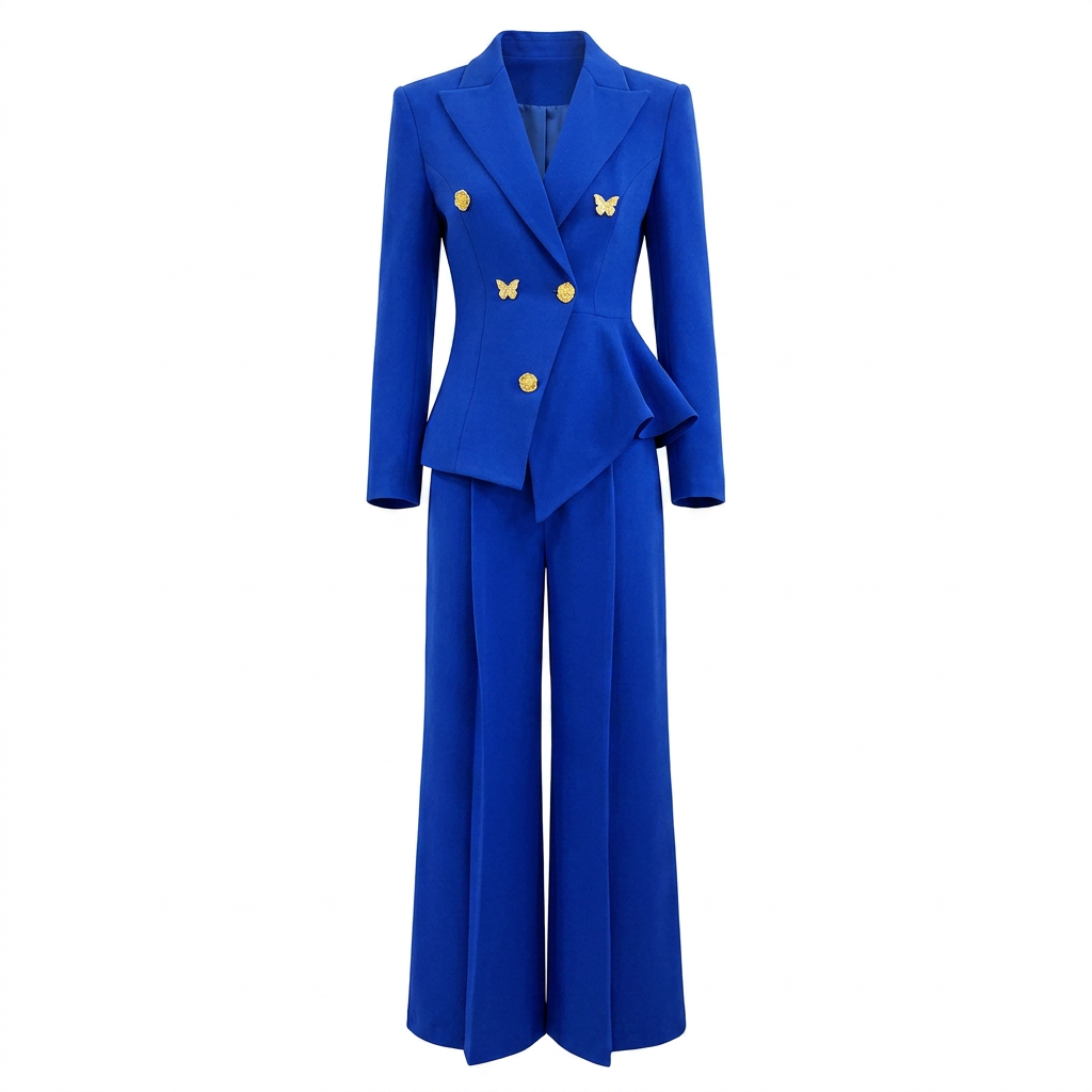 Royal Blue Double Breasted Blazer and Wide Leg Pants Suit Set for Meetings Ready and Executive Elegance Women-Vyana Collective