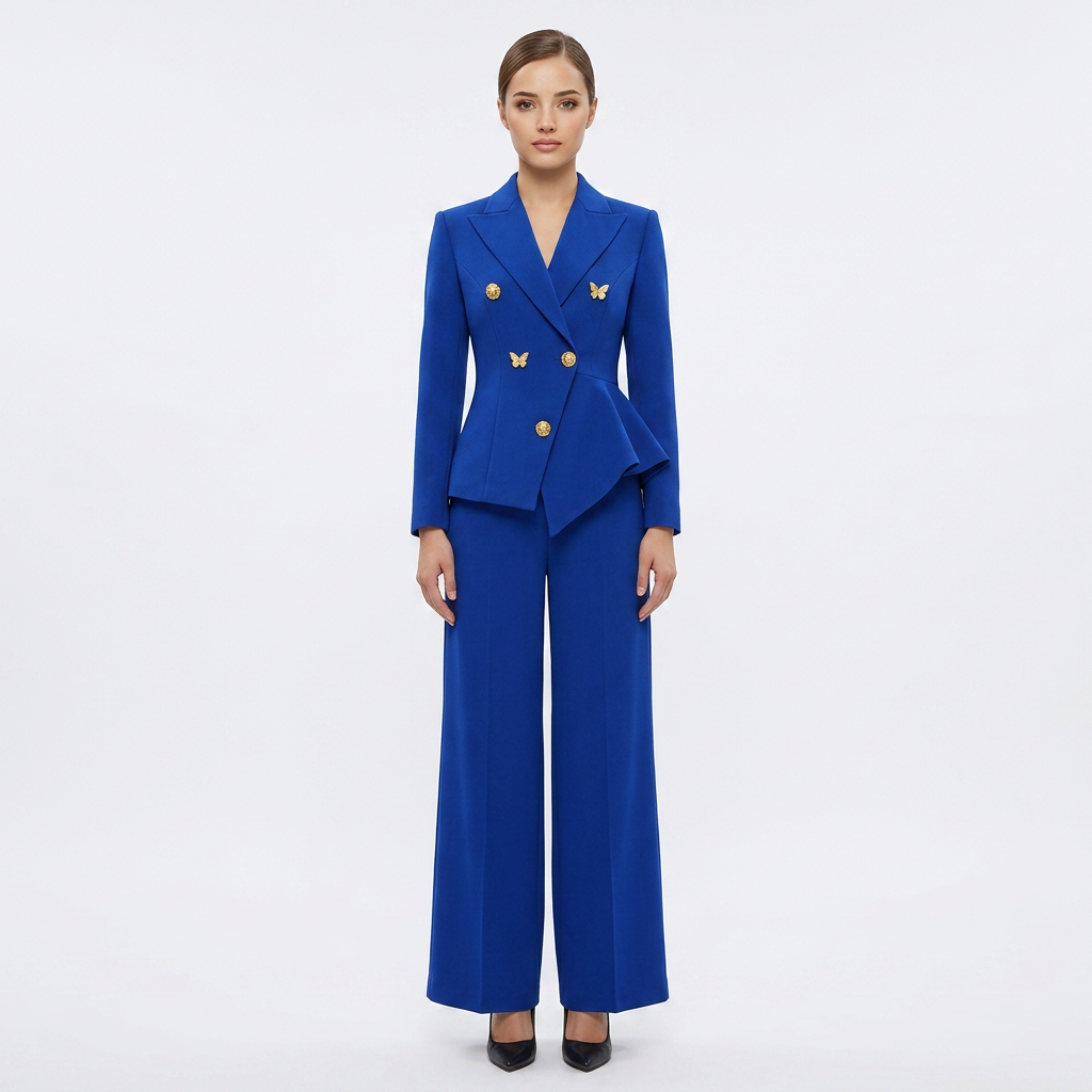Royal Blue Double Breasted Blazer and Wide Leg Pants Suit Set for Meetings Ready and Executive Elegance Women-Vyana Collective