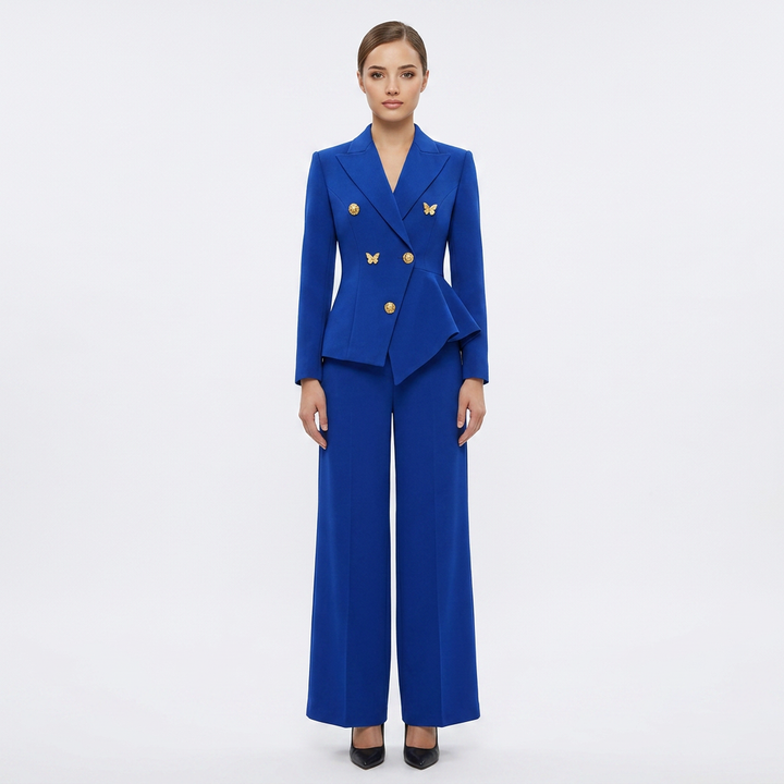 Royal Blue Double Breasted Blazer and Wide Leg Pants Suit Set for Meetings Ready and Executive Elegance Women-Vyana Collective