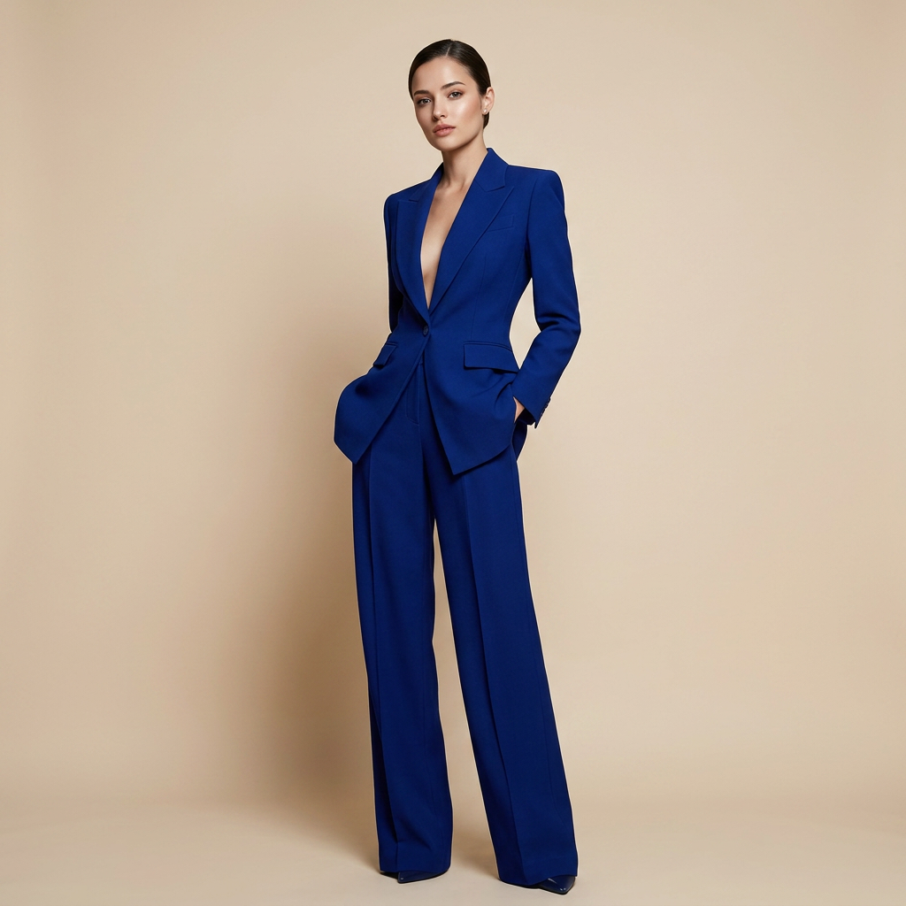 Royal Blue Tailored Blazer and Wide Leg Pants Set for Meetings Ready and Executive Elegance Women-Vyana Collective