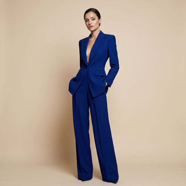 Royal Blue Tailored Blazer and Wide Leg Pants Set for Meetings Ready and Executive Elegance Women-Vyana Collective