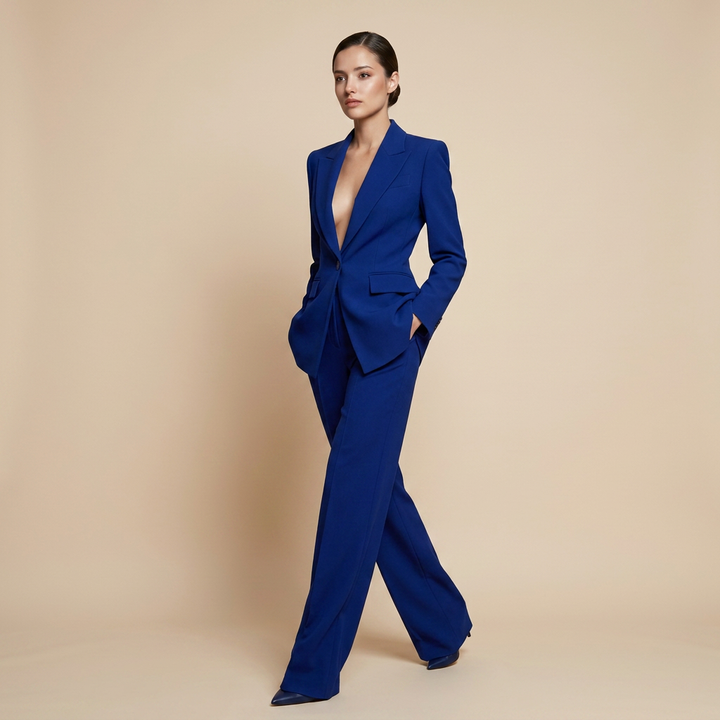 Royal Blue Tailored Blazer and Wide Leg Pants Set for Meetings Ready and Executive Elegance Women-Vyana Collective