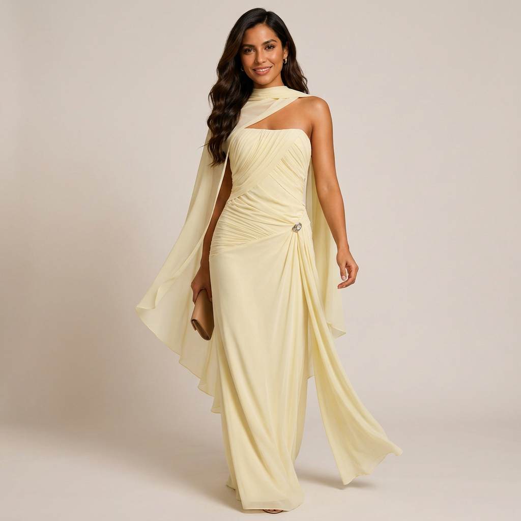 Ruched Strapless Mesh Cape Maxi Evening Gown-Vyana Collective
