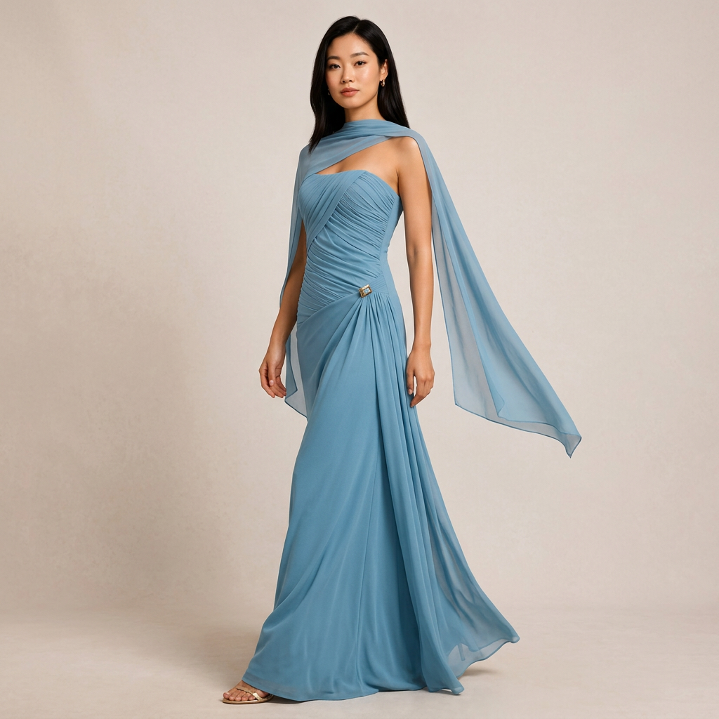 Ruched Strapless Mesh Cape Maxi Evening Gown-Vyana Collective