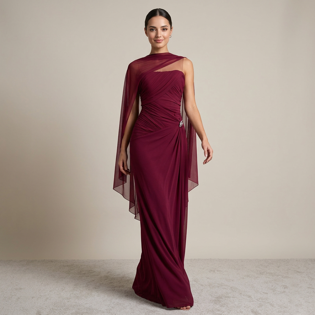 Ruched Strapless Mesh Cape Maxi Evening Gown-Vyana Collective