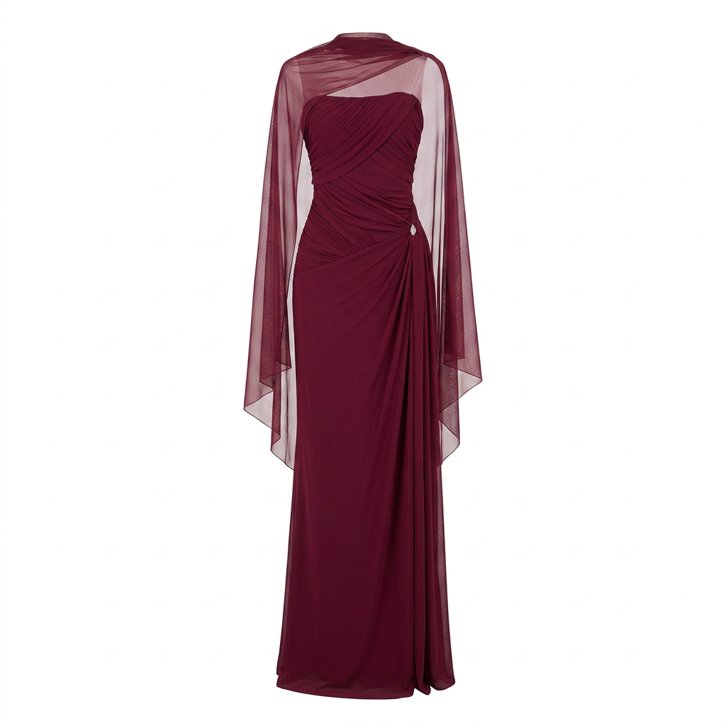 Ruched Strapless Mesh Cape Maxi Evening Gown-Vyana Collective