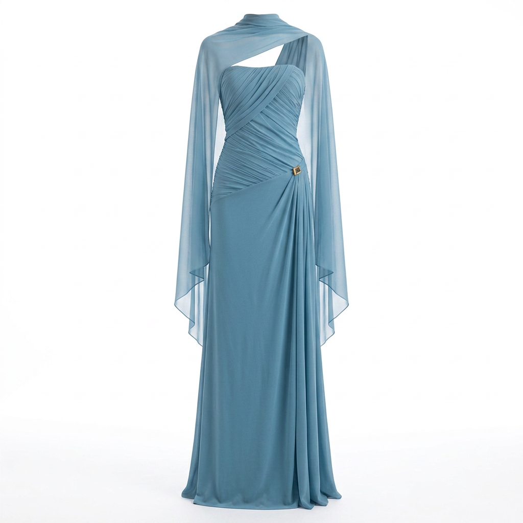 Ruched Strapless Mesh Cape Maxi Evening Gown-Vyana Collective