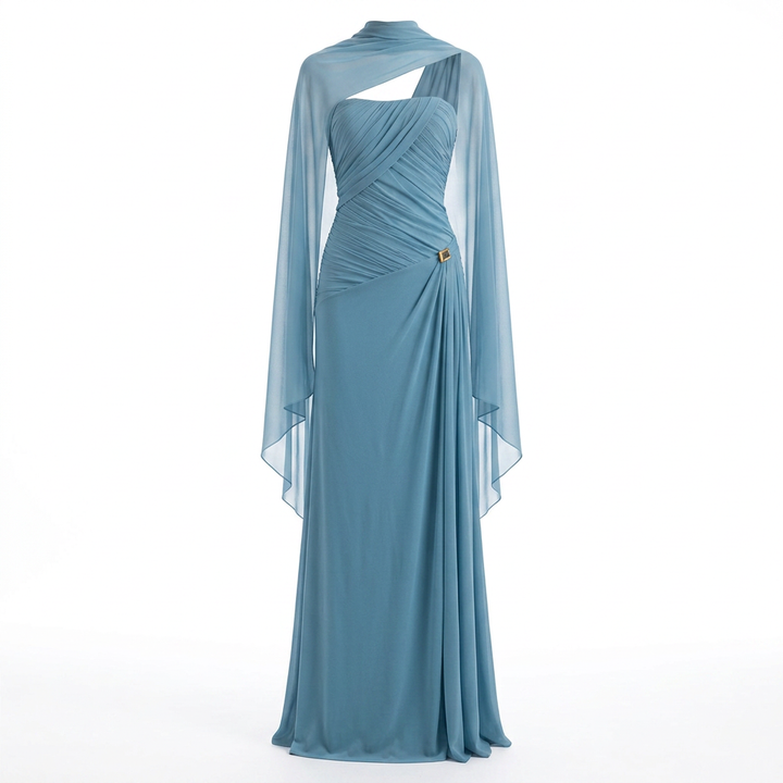 Ruched Strapless Mesh Cape Maxi Evening Gown-Vyana Collective