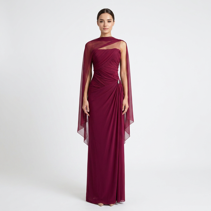Ruched Strapless Mesh Cape Maxi Evening Gown-Vyana Collective