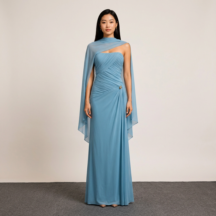 Ruched Strapless Mesh Cape Maxi Evening Gown-Vyana Collective