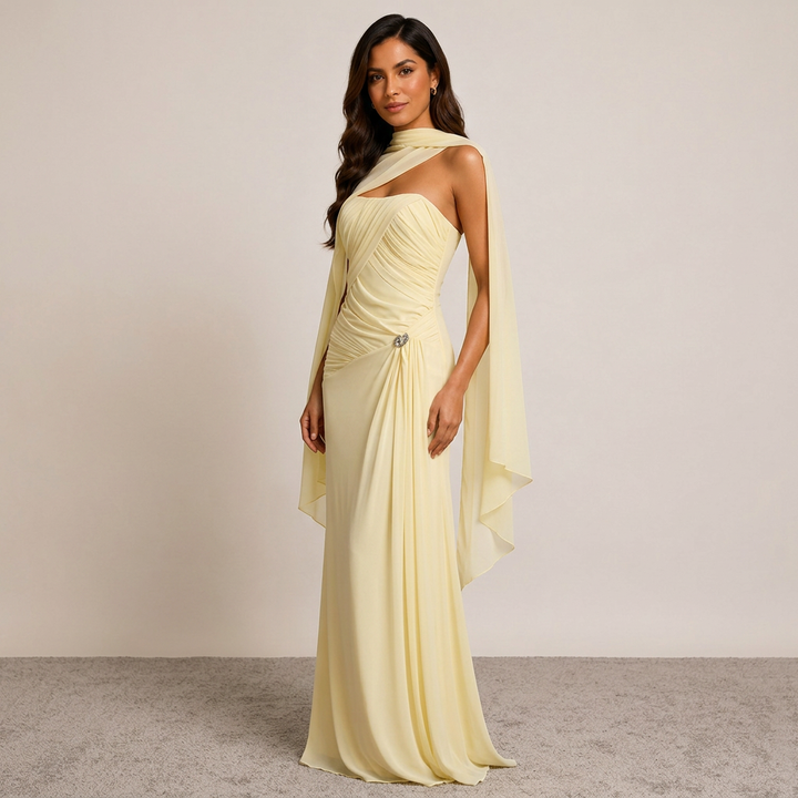 Ruched Strapless Mesh Cape Maxi Evening Gown-Vyana Collective