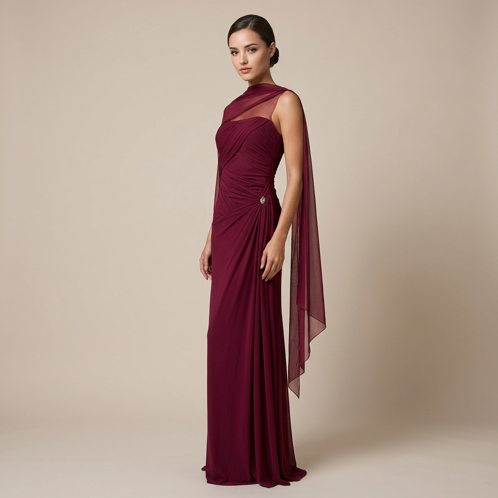Ruched Strapless Mesh Cape Maxi Evening Gown-Vyana Collective