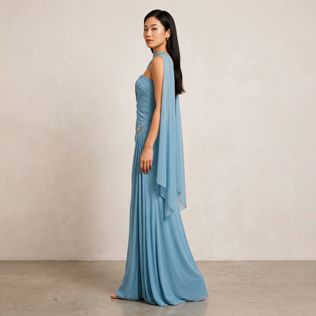 Ruched Strapless Mesh Cape Maxi Evening Gown-Vyana Collective