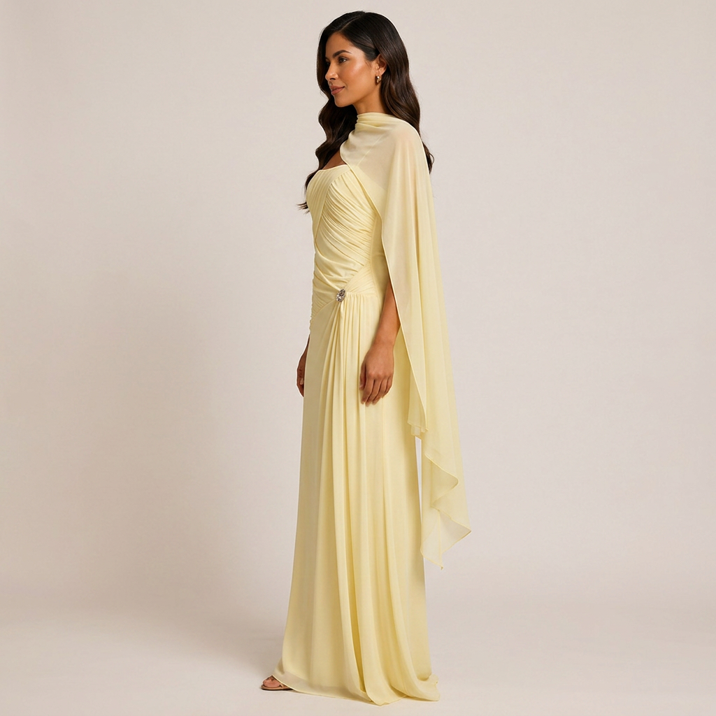 Ruched Strapless Mesh Cape Maxi Evening Gown-Vyana Collective