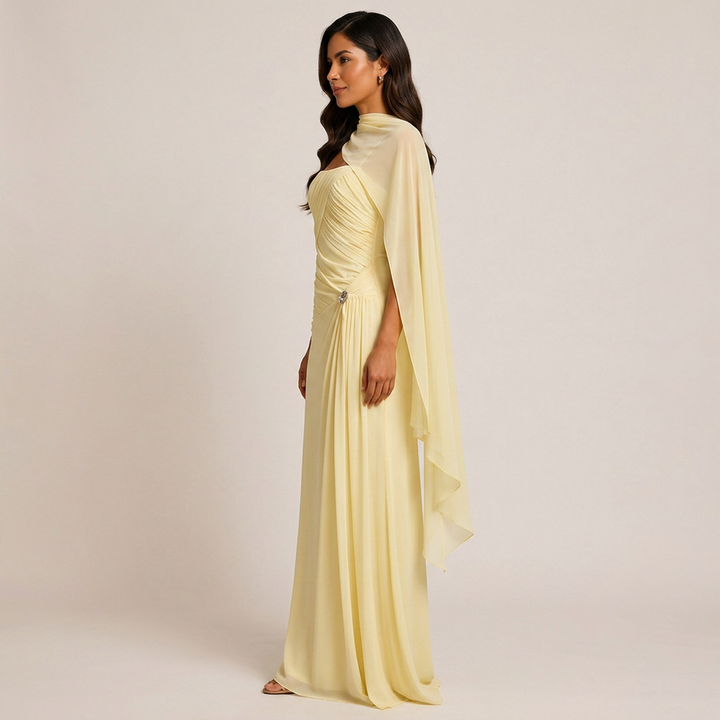 Ruched Strapless Mesh Cape Maxi Evening Gown-Vyana Collective