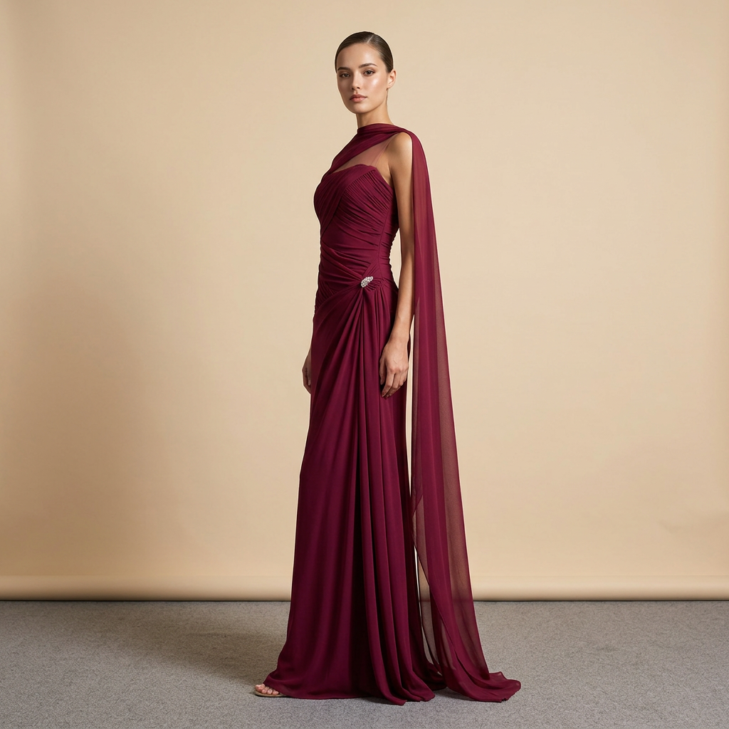 Ruched Strapless Mesh Cape Maxi Evening Gown-Vyana Collective