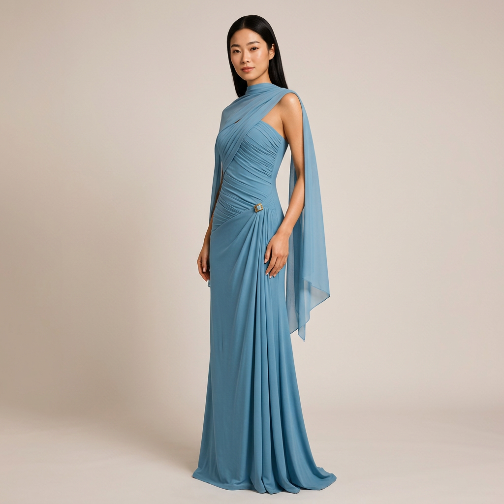 Ruched Strapless Mesh Cape Maxi Evening Gown-Vyana Collective