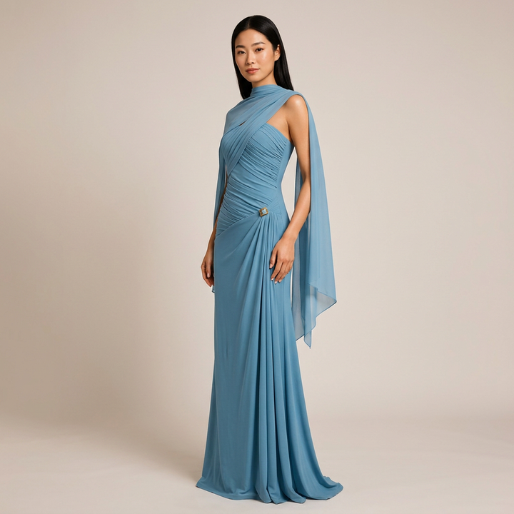 Ruched Strapless Mesh Cape Maxi Evening Gown-Vyana Collective
