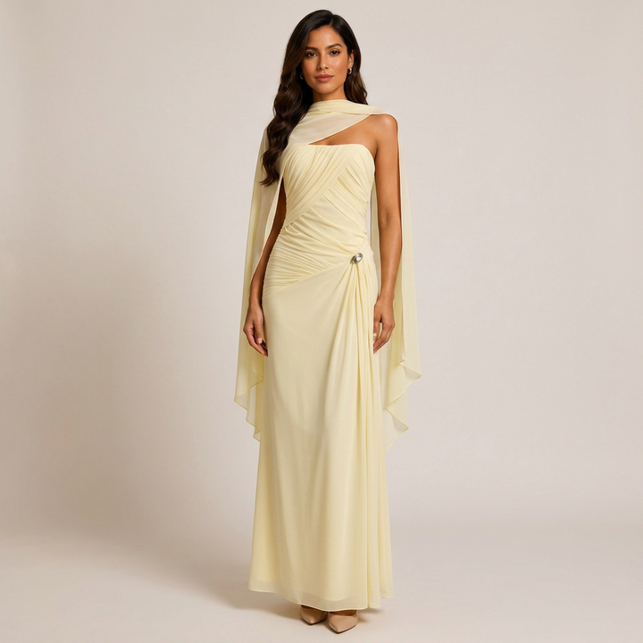 Ruched Strapless Mesh Cape Maxi Evening Gown-Vyana Collective