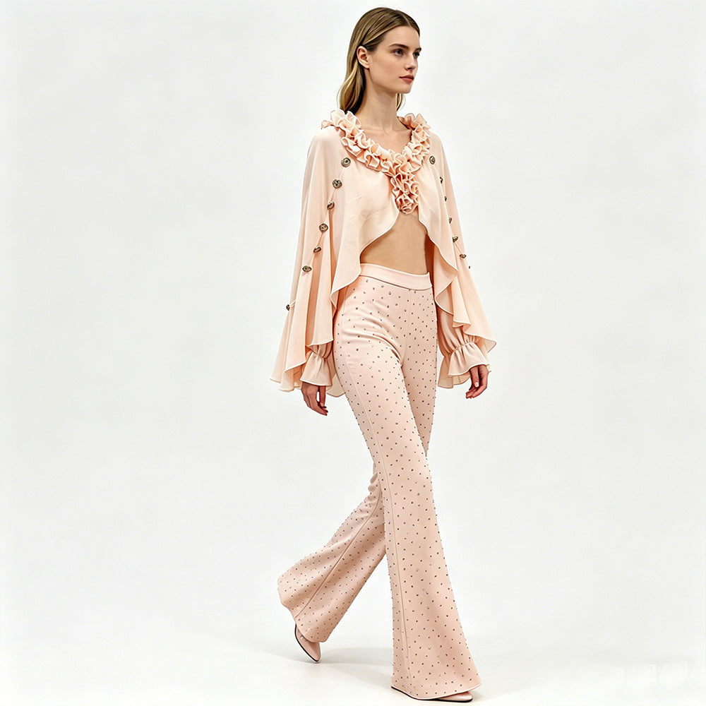 Ruffle Chiffon Shawl Top and Rhinestone Flared Pants Set for Friday Night Vibes and Effortless Elegance Women-Vyana Collective