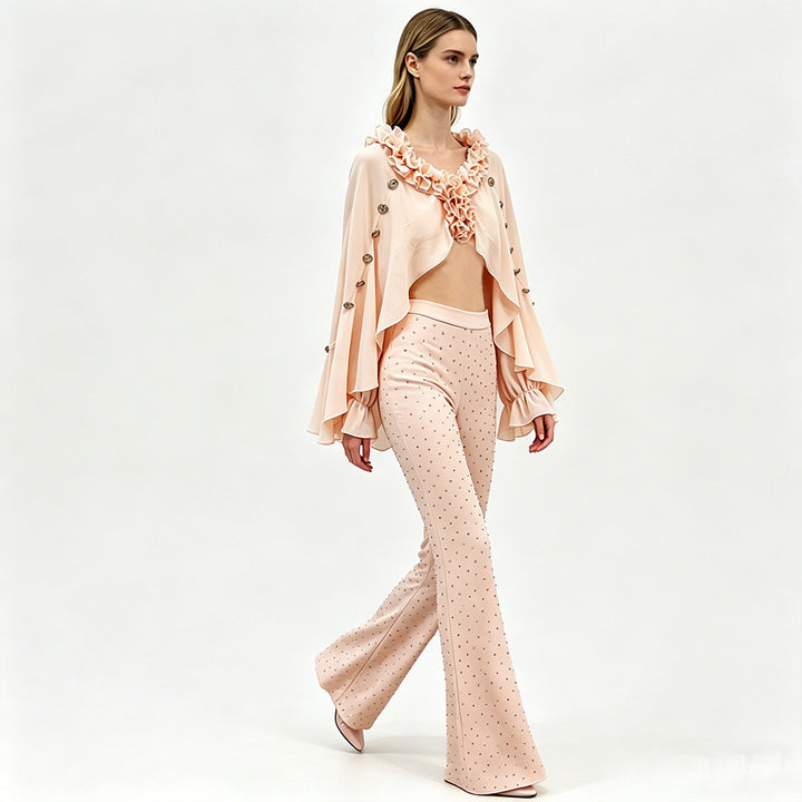 Ruffle Chiffon Shawl Top and Rhinestone Flared Pants Set for Friday Night Vibes and Effortless Elegance Women-Vyana Collective